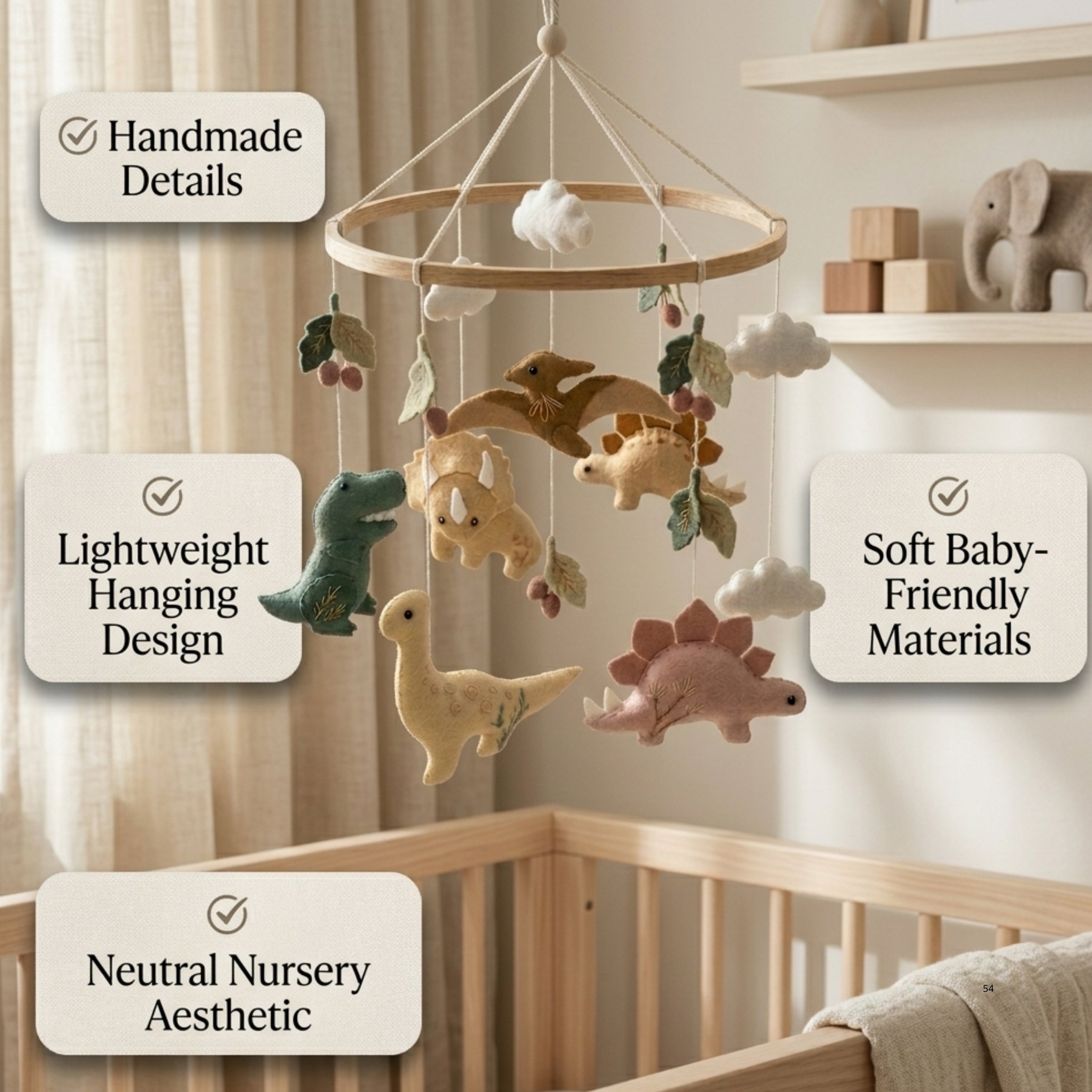 Dinosaur Baby Mobile – Handmade Felt T-Rex, Triceratops, Stegosaurus & Brontosaurus | Neutral Dino Nursery Decor