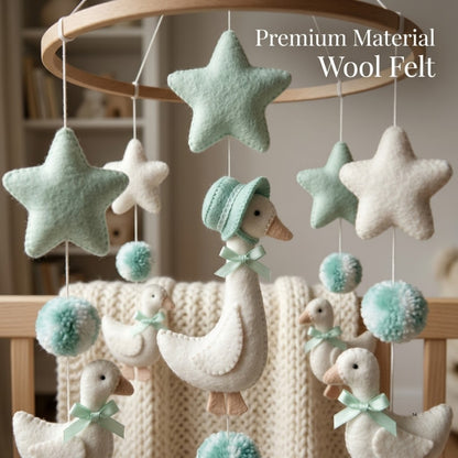 Goose Baby Mobile – Handmade Felt Mother Goose in Bonnet with Goslings & Mint Stars | Storybook Nursery Decor
