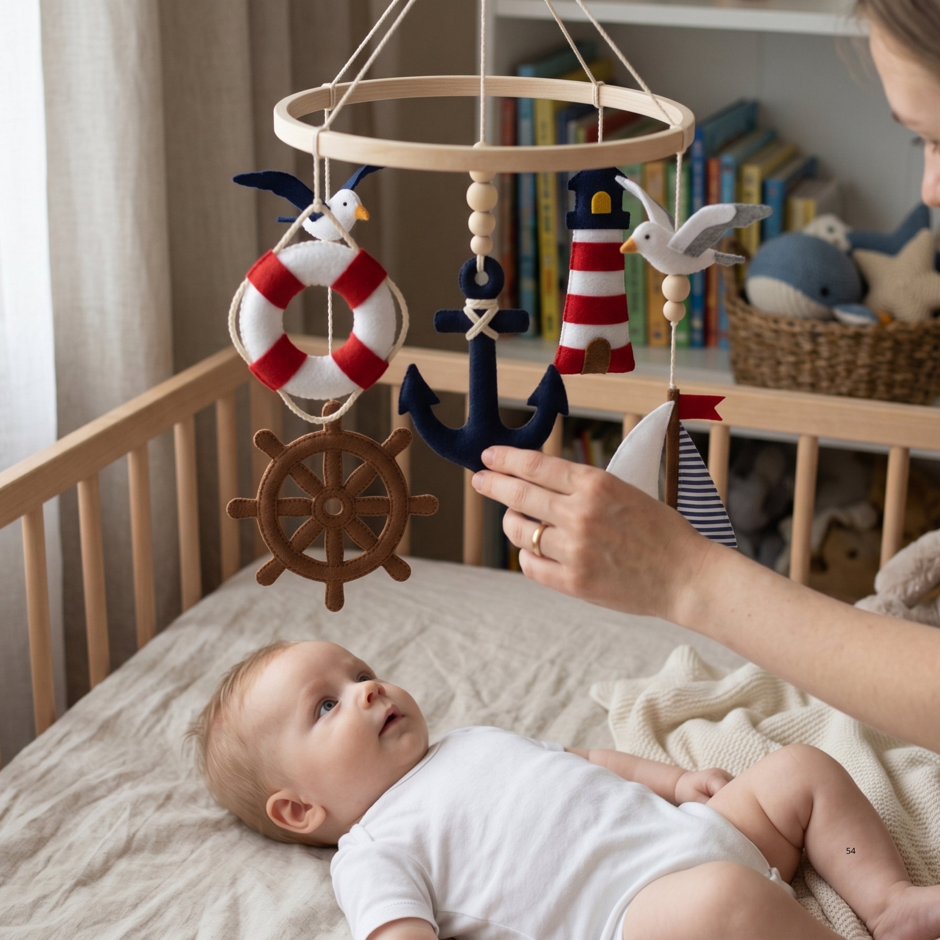 Nautical Baby Mobile – Handmade Felt Anchor, Sailboat, Lighthouse & Ship Wheel | Sailor Nursery Decor