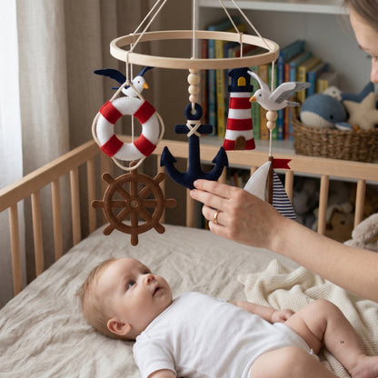 Nautical Baby Mobile – Handmade Felt Anchor, Sailboat, Lighthouse & Ship Wheel | Sailor Nursery Decor