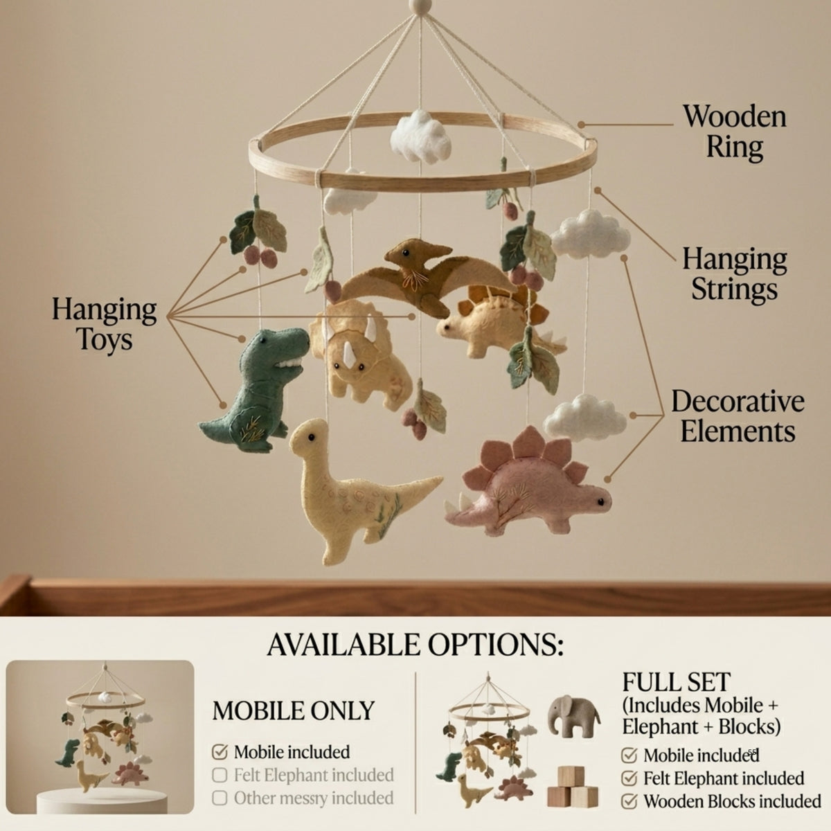 Dinosaur Baby Mobile – Handmade Felt T-Rex, Triceratops, Stegosaurus & Brontosaurus | Neutral Dino Nursery Decor