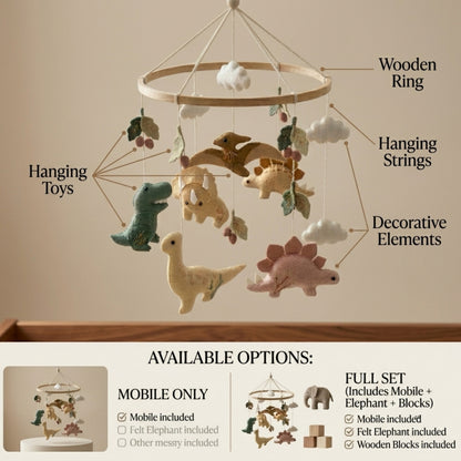 Dinosaur Baby Mobile – Handmade Felt T-Rex, Triceratops, Stegosaurus & Brontosaurus | Neutral Dino Nursery Decor