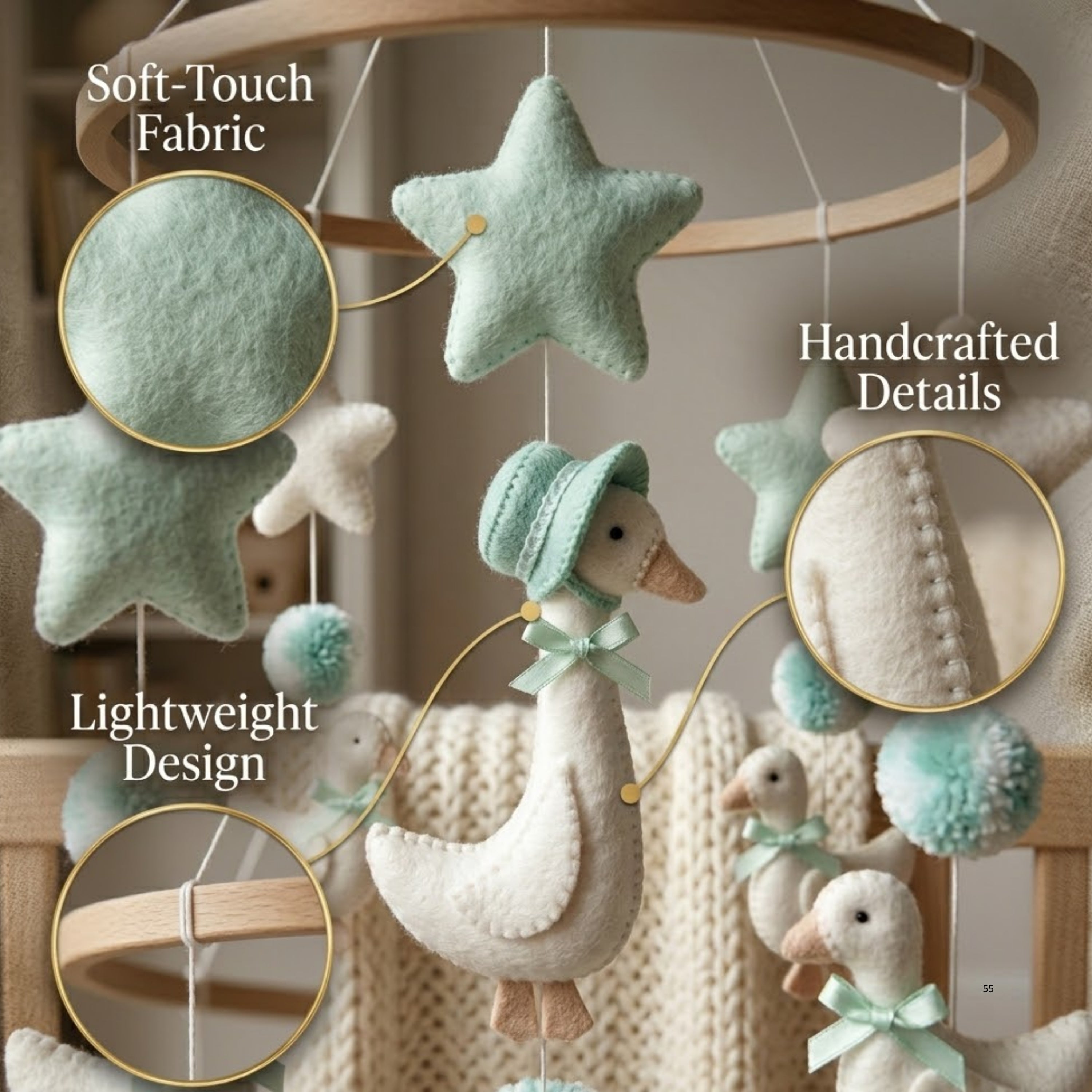 Goose Baby Mobile – Handmade Felt Mother Goose in Bonnet with Goslings & Mint Stars | Storybook Nursery Decor