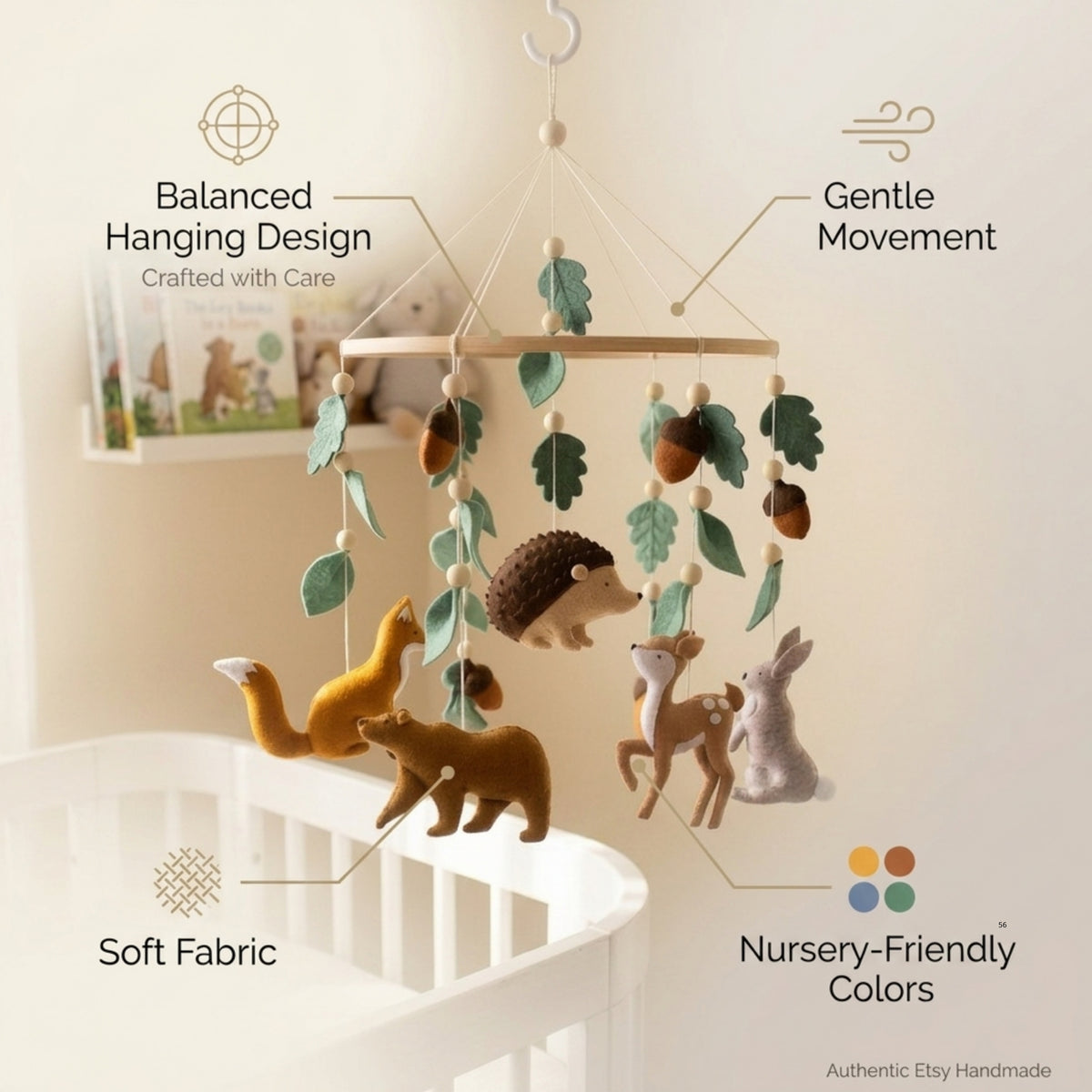 Woodland Animals Baby Mobile – Handmade Felt Fox, Bear, Deer, Hedgehog & Bunny | Forest Nursery Decor
