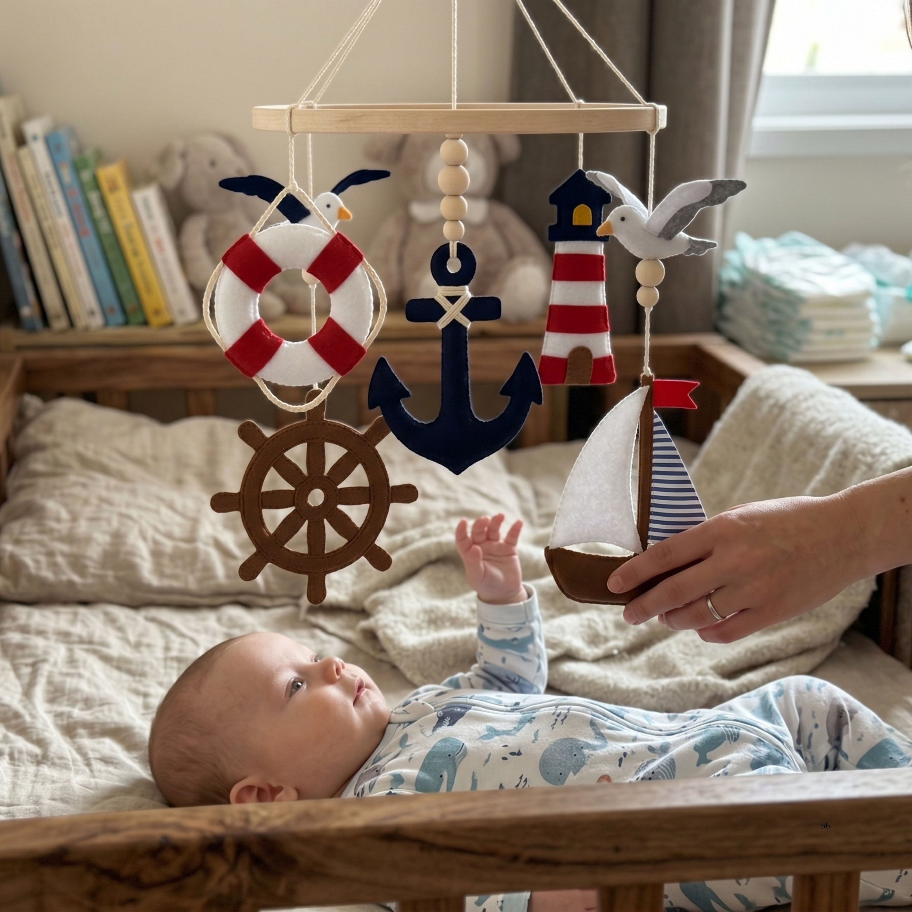 Nautical Baby Mobile – Handmade Felt Anchor, Sailboat, Lighthouse & Ship Wheel | Sailor Nursery Decor