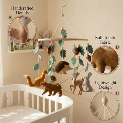 Woodland Animals Baby Mobile – Handmade Felt Fox, Bear, Deer, Hedgehog & Bunny | Forest Nursery Decor