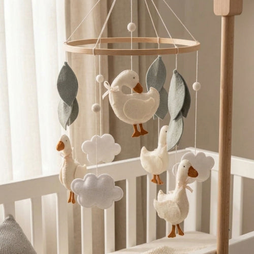 Goose Baby Mobile – Handmade Felt Geese with Clouds & Leaves | Minimalist Neutral Nursery Decor