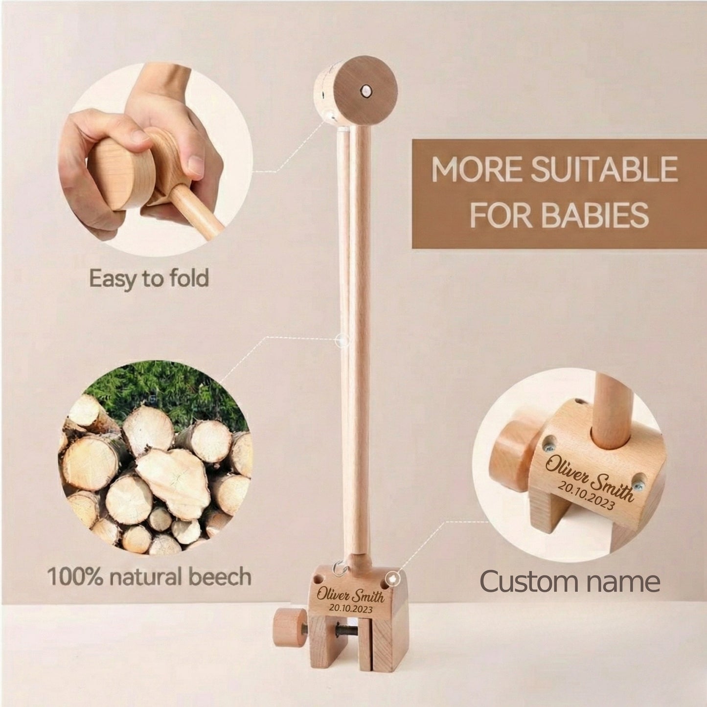 Wooden Baby Mobile Arm – Adjustable Crib Mobile Holder | Natural Beech Wood Nursery Hanger for Cribs & Playpens