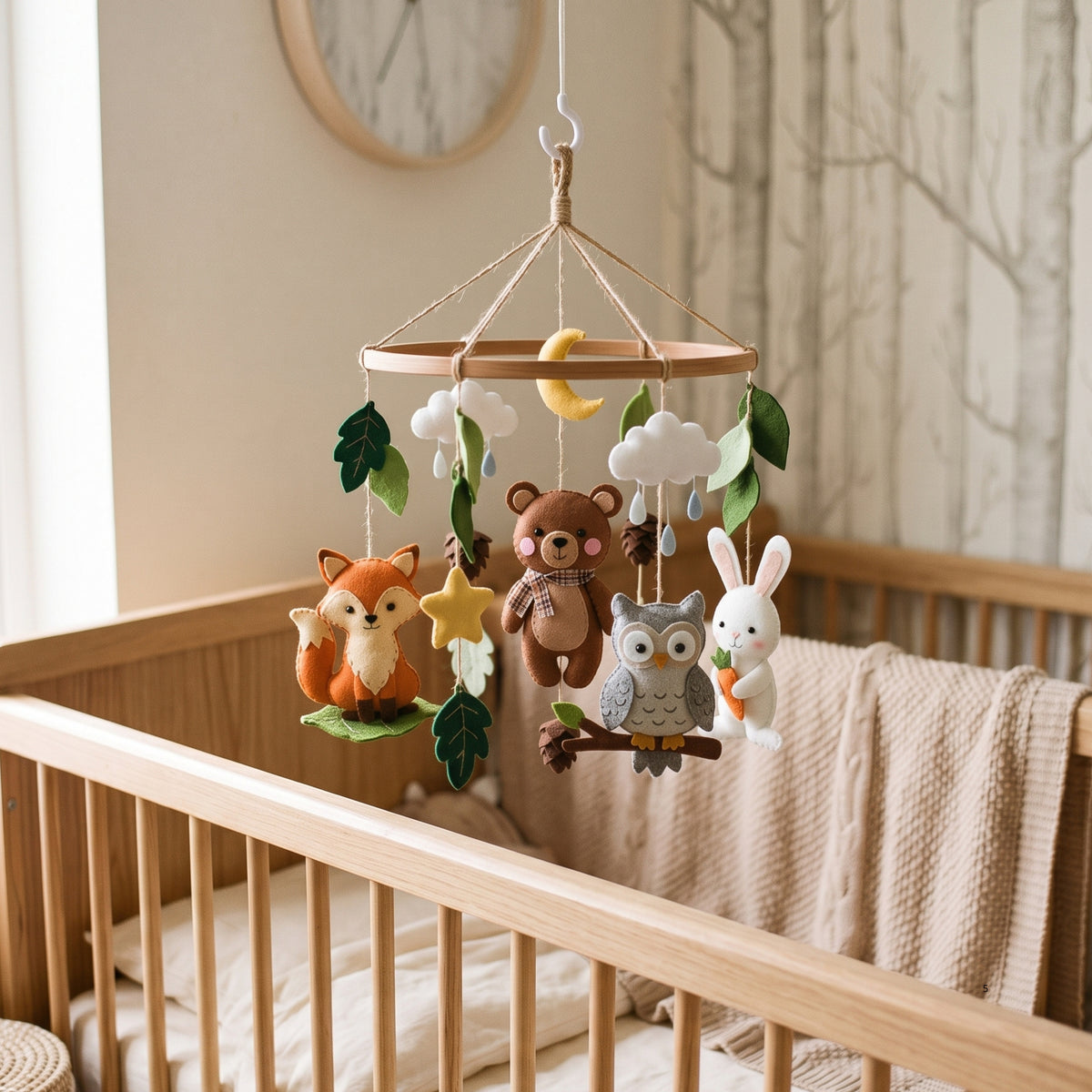 Woodland Nursery Mobile – Handmade Felt Fox, Bear, Owl & Bunny with Moon & Clouds | Forest Baby Crib Decor