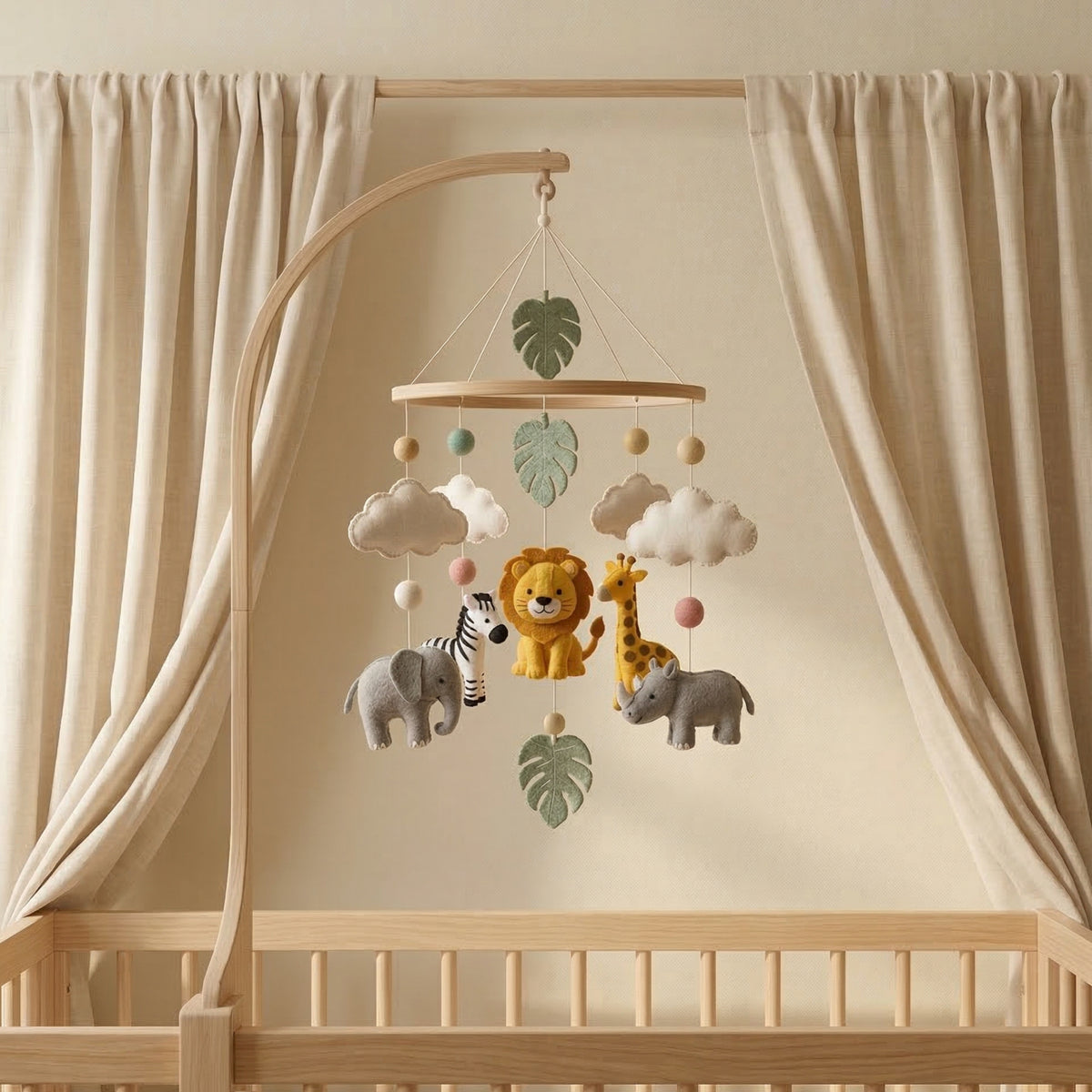 Jungle Safari Baby Mobile – Handmade Felt Lion, Elephant, Giraffe, Zebra & Rhino | Tropical Nursery Decor