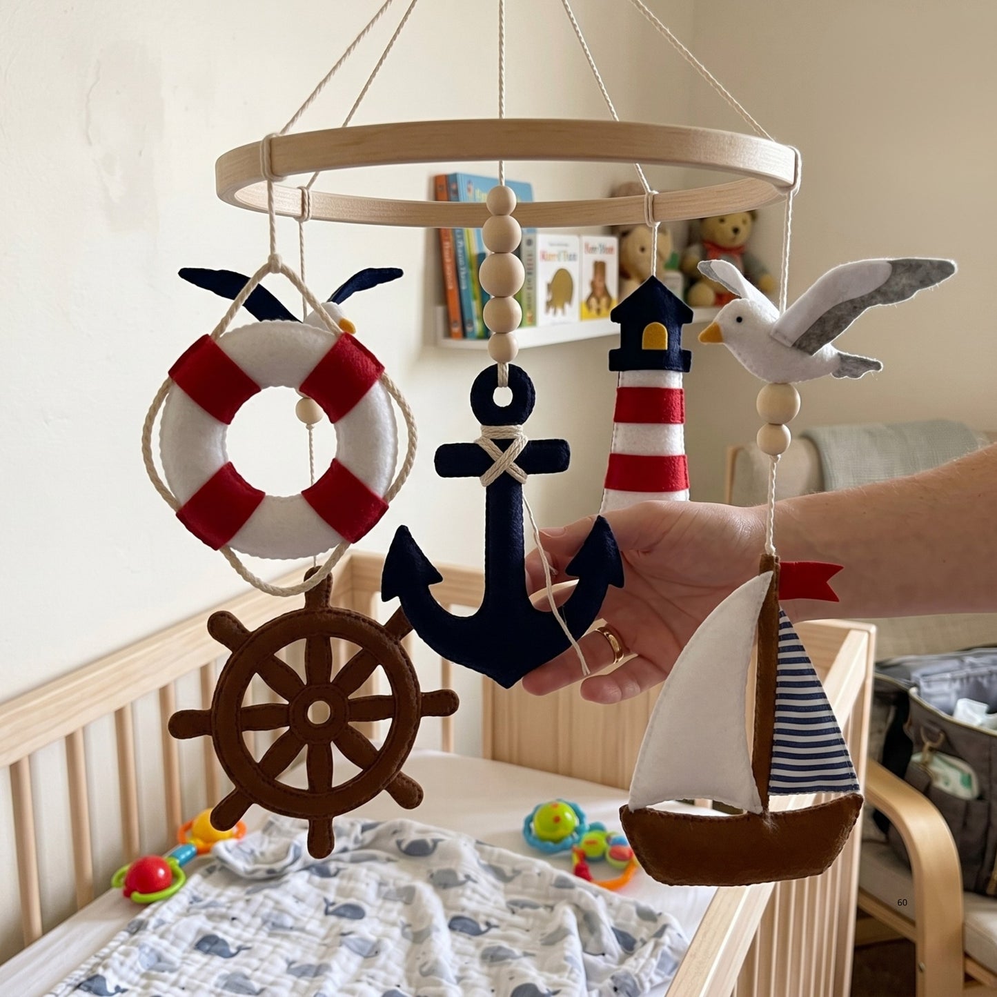 Nautical Baby Mobile – Handmade Felt Anchor, Sailboat, Lighthouse & Ship Wheel | Sailor Nursery Decor