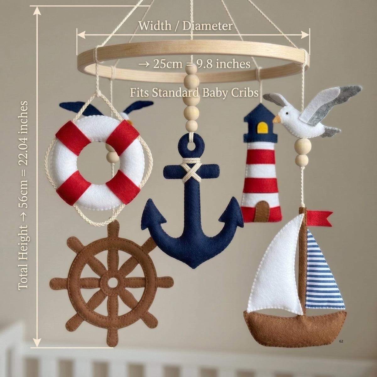 Nautical Baby Mobile – Handmade Felt Anchor, Sailboat, Lighthouse & Ship Wheel | Sailor Nursery Decor
