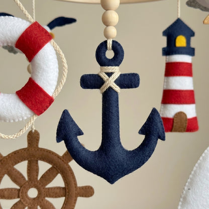 Nautical Baby Mobile – Handmade Felt Anchor, Sailboat, Lighthouse & Ship Wheel | Sailor Nursery Decor