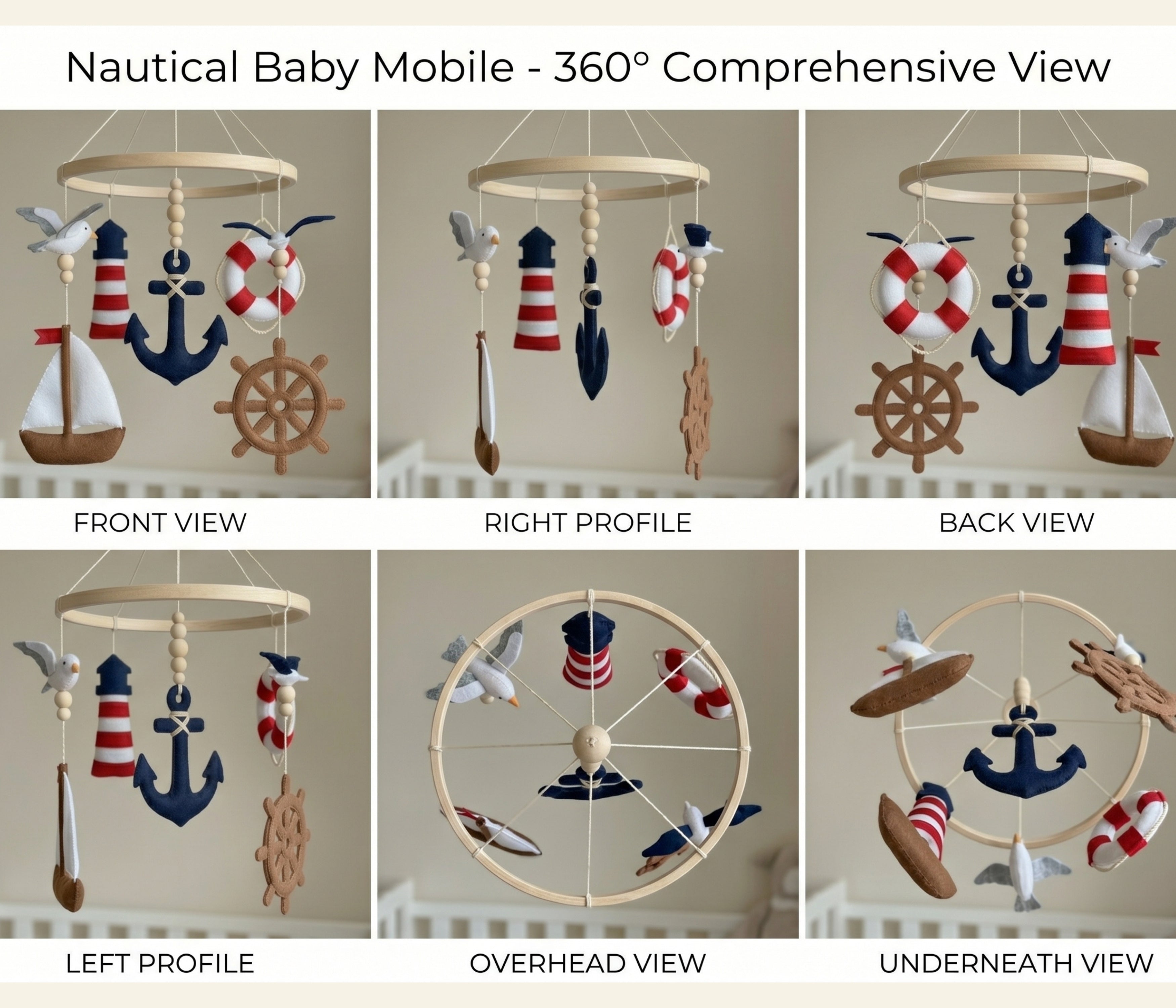 Nautical Baby Mobile – Handmade Felt Anchor, Sailboat, Lighthouse & Ship Wheel | Sailor Nursery Decor