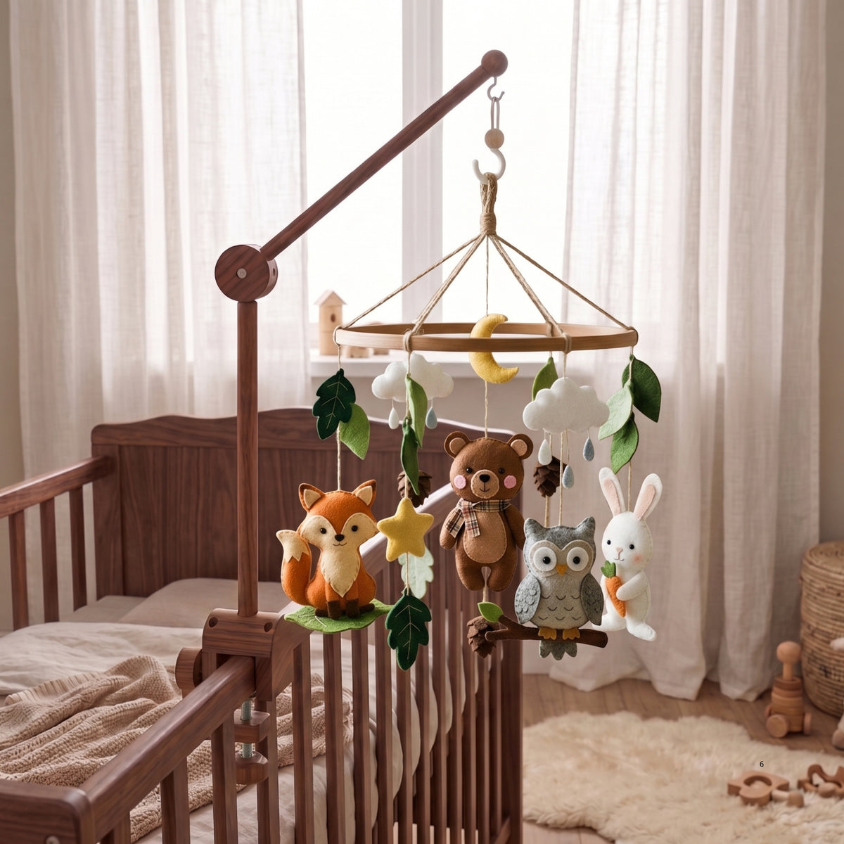 Woodland Nursery Mobile – Handmade Felt Fox, Bear, Owl & Bunny with Moon & Clouds | Forest Baby Crib Decor