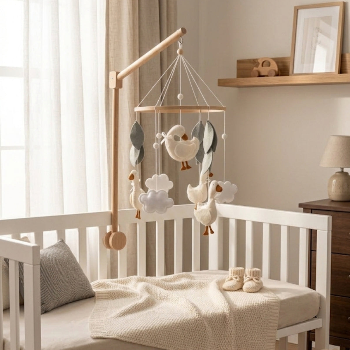 Goose Baby Mobile – Handmade Felt Geese with Clouds & Leaves | Minimalist Neutral Nursery Decor