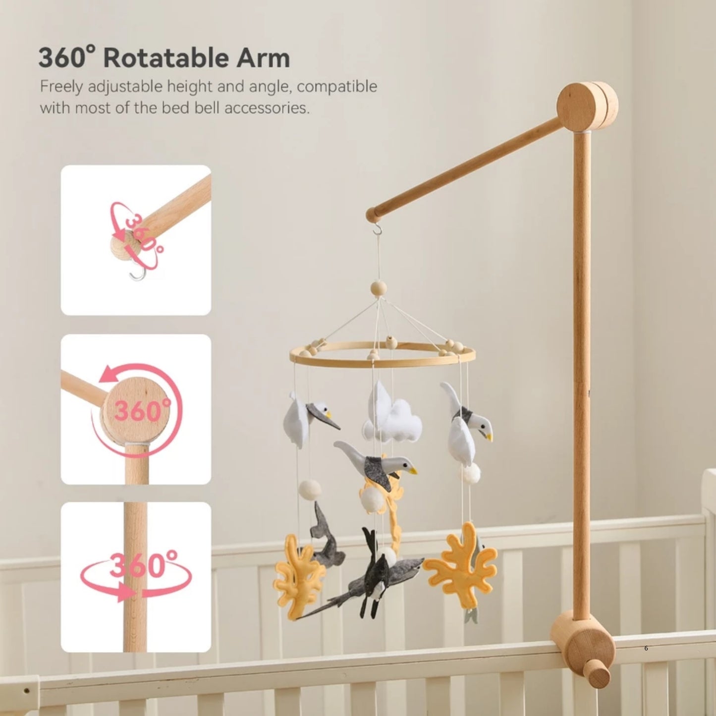 Wooden Baby Mobile Arm – Adjustable Crib Mobile Holder with Anti-Tip Base | Beech Wood Nursery Hanger in 6 Colors