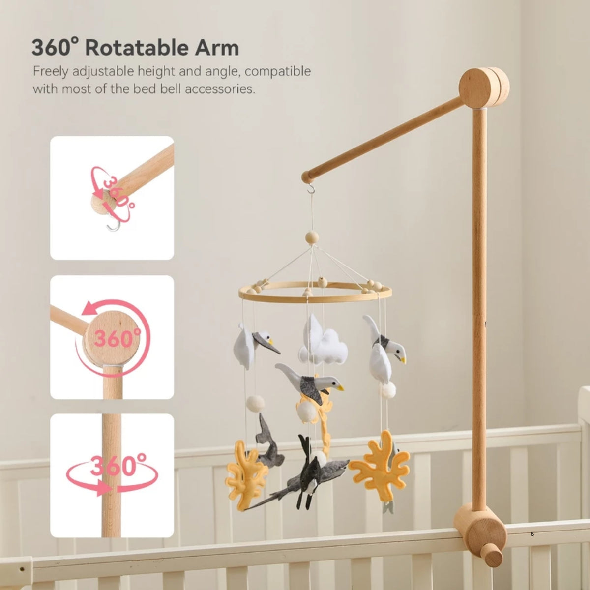 Wooden Baby Mobile Arm – Adjustable Crib Mobile Holder with Anti-Tip Base | Beech Wood Nursery Hanger in 6 Colors