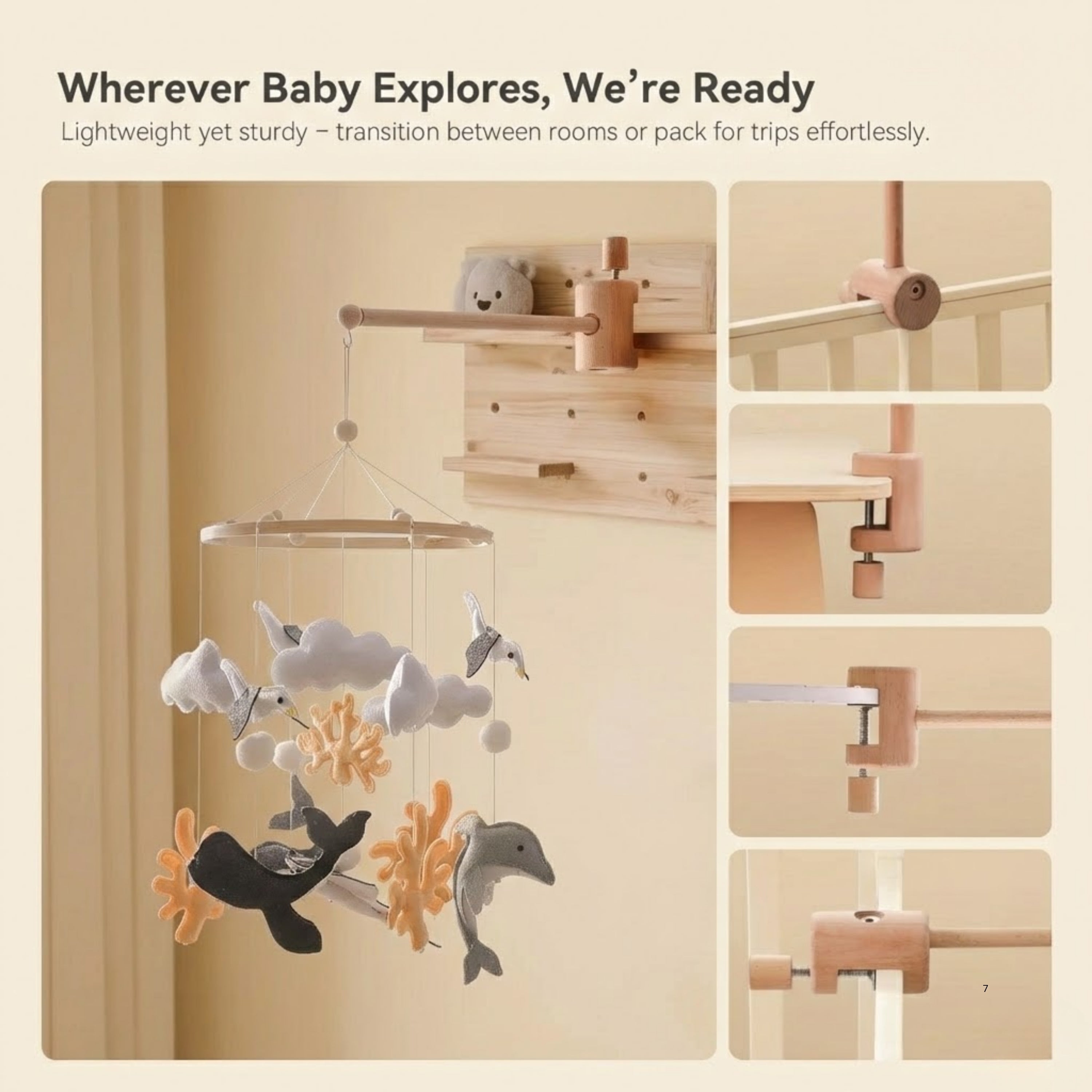 Wooden Baby Mobile Arm – Adjustable Crib Mobile Holder with Anti-Tip Base | Beech Wood Nursery Hanger in 6 Colors
