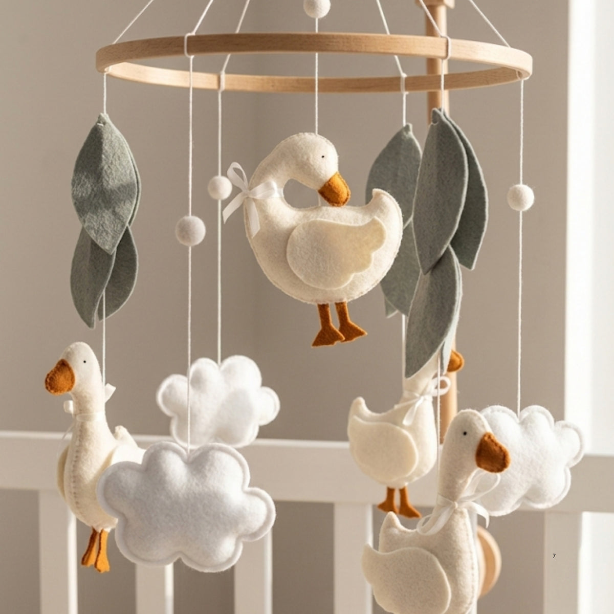 Goose Baby Mobile – Handmade Felt Geese with Clouds & Leaves | Minimalist Neutral Nursery Decor
