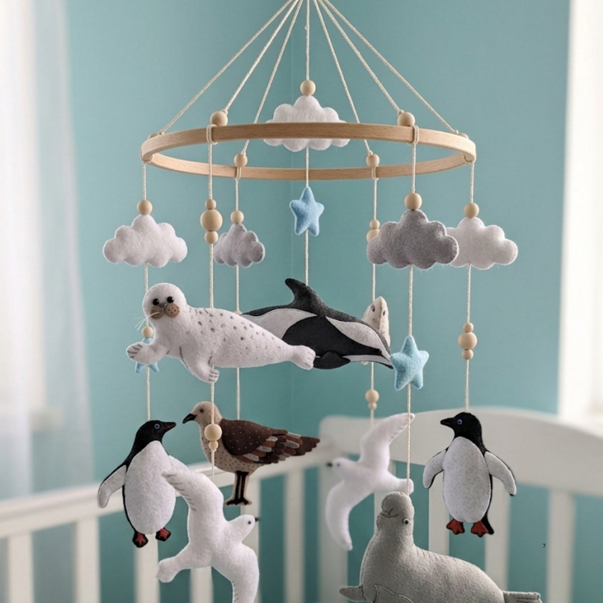 Arctic Animals Baby Mobile – Handmade Felt Orca, Seal, Penguin & Seabirds | Neutral Ocean Nursery Decor