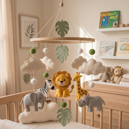 Jungle Safari Baby Mobile – Handmade Felt Lion, Elephant, Giraffe, Zebra & Rhino | Tropical Nursery Decor