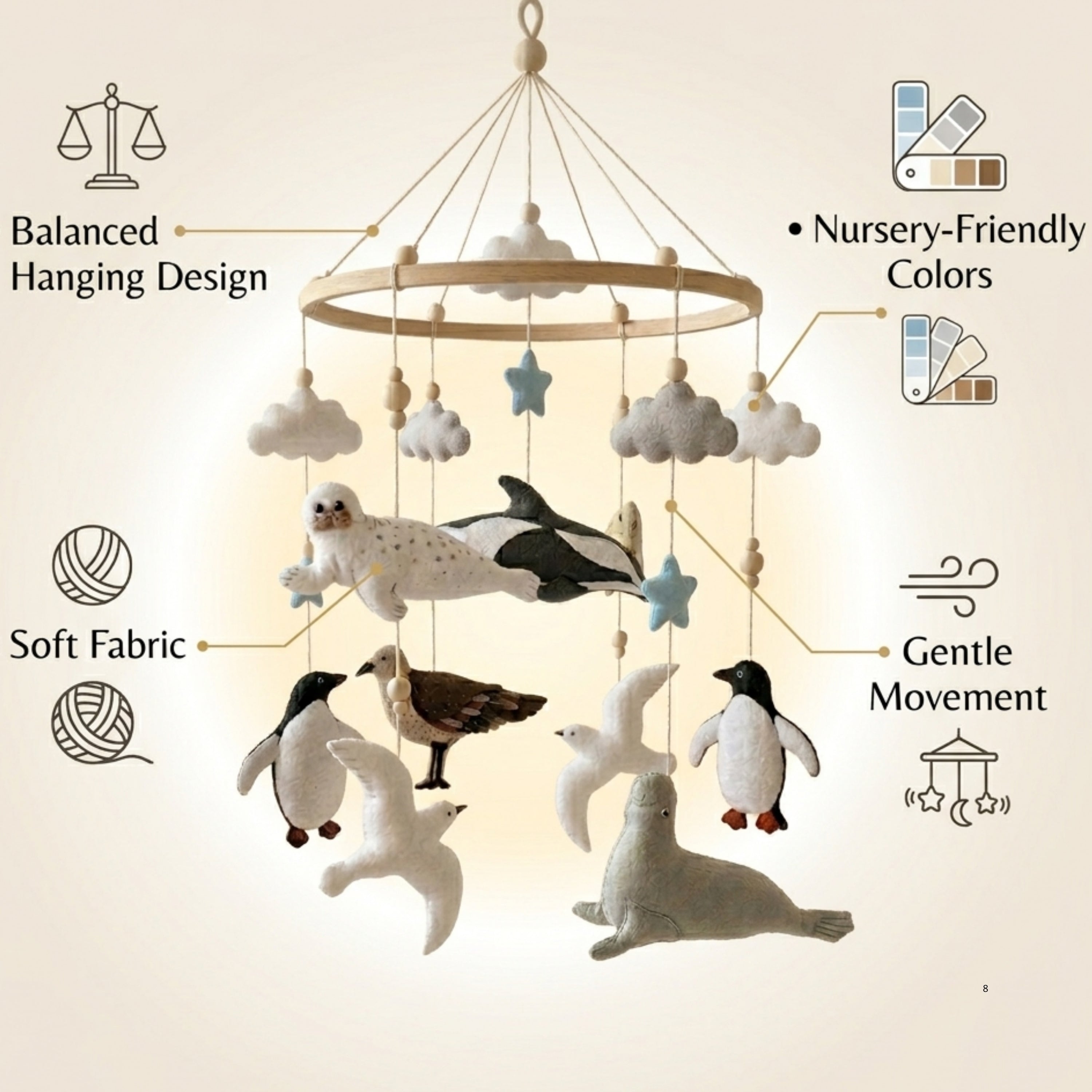 Arctic Animals Baby Mobile – Handmade Felt Orca, Seal, Penguin & Seabirds | Neutral Ocean Nursery Decor