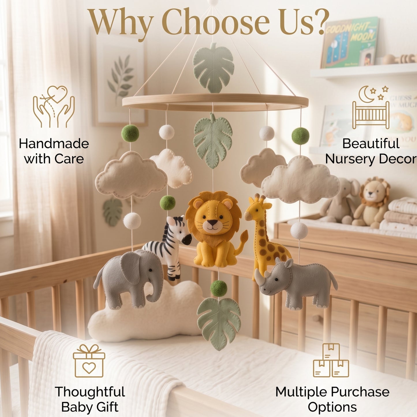Jungle Safari Baby Mobile – Handmade Felt Lion, Elephant, Giraffe, Zebra & Rhino | Tropical Nursery Decor