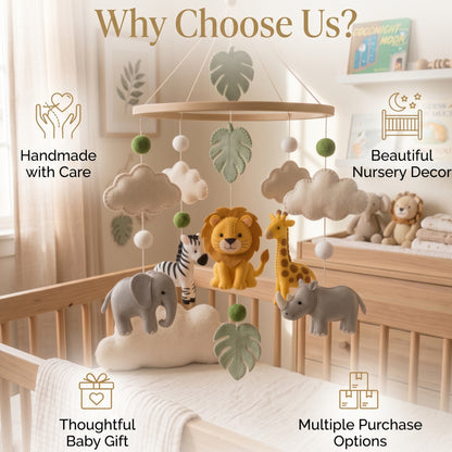 Jungle Safari Baby Mobile – Handmade Felt Lion, Elephant, Giraffe, Zebra & Rhino | Tropical Nursery Decor