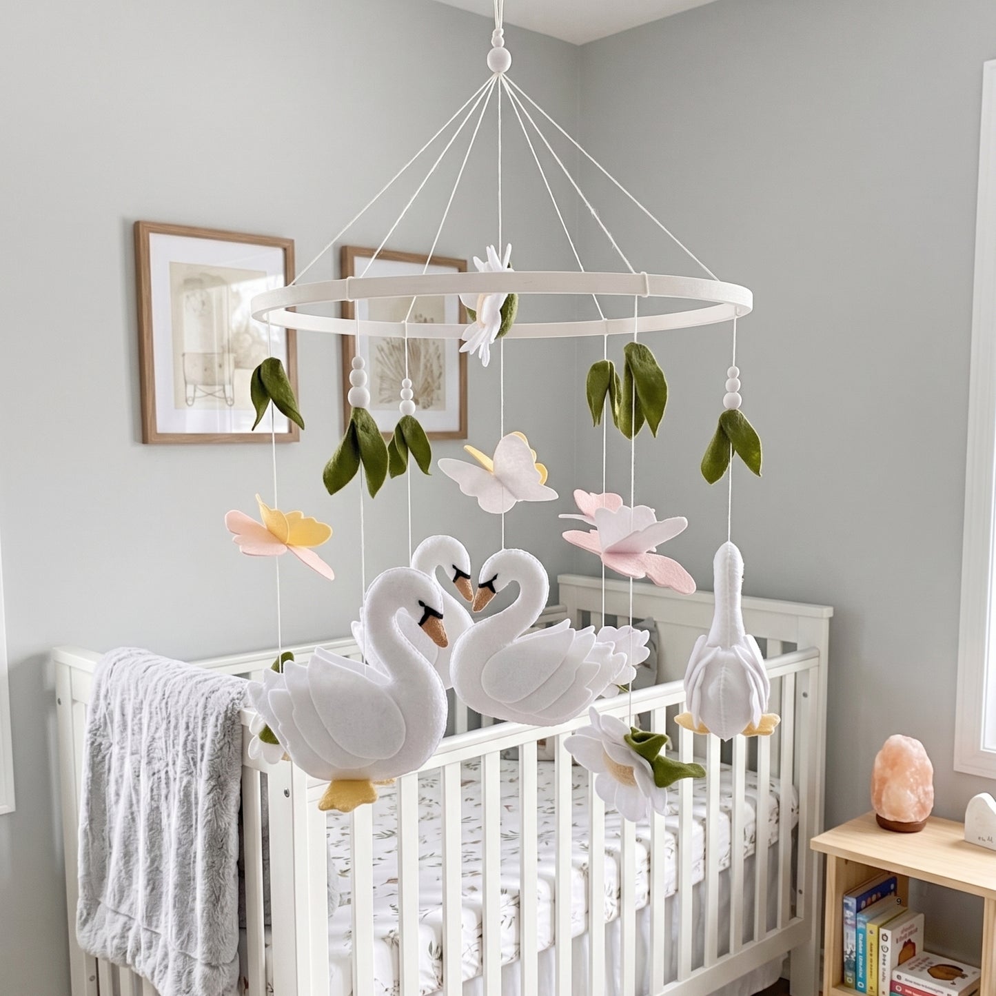 Swan Baby Mobile – Handmade Felt Swans with Butterflies & Flowers | Elegant Floral Girl Nursery Decor