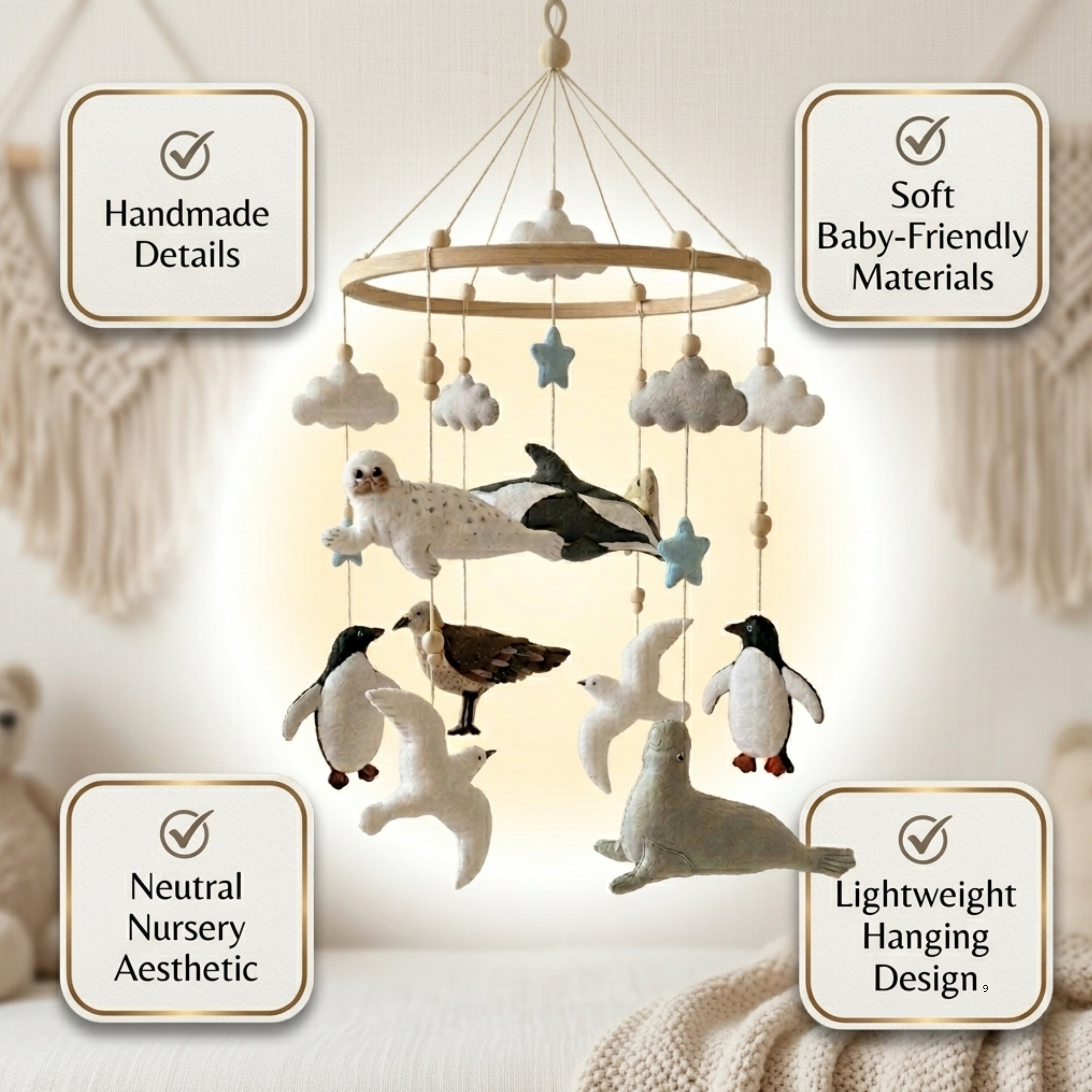 Arctic Animals Baby Mobile – Handmade Felt Orca, Seal, Penguin & Seabirds | Neutral Ocean Nursery Decor